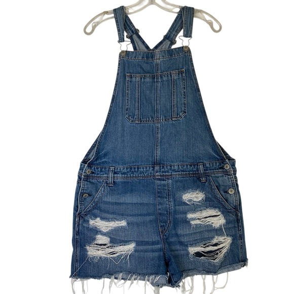Denim Romper Overalls L Blue Distressed Ripped Shorts Shortall American Eagle - Picture 1 of 10
